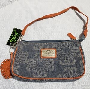 Original by Sharif 1827 Small Handbag Purse Denim & Faux Tan Leather with Fob